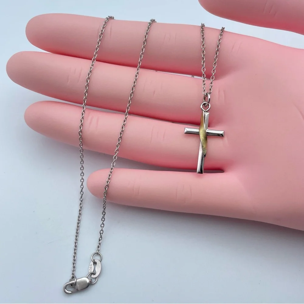925 Sterling Silver & Gold Accent Cross Pendant Necklace 18”